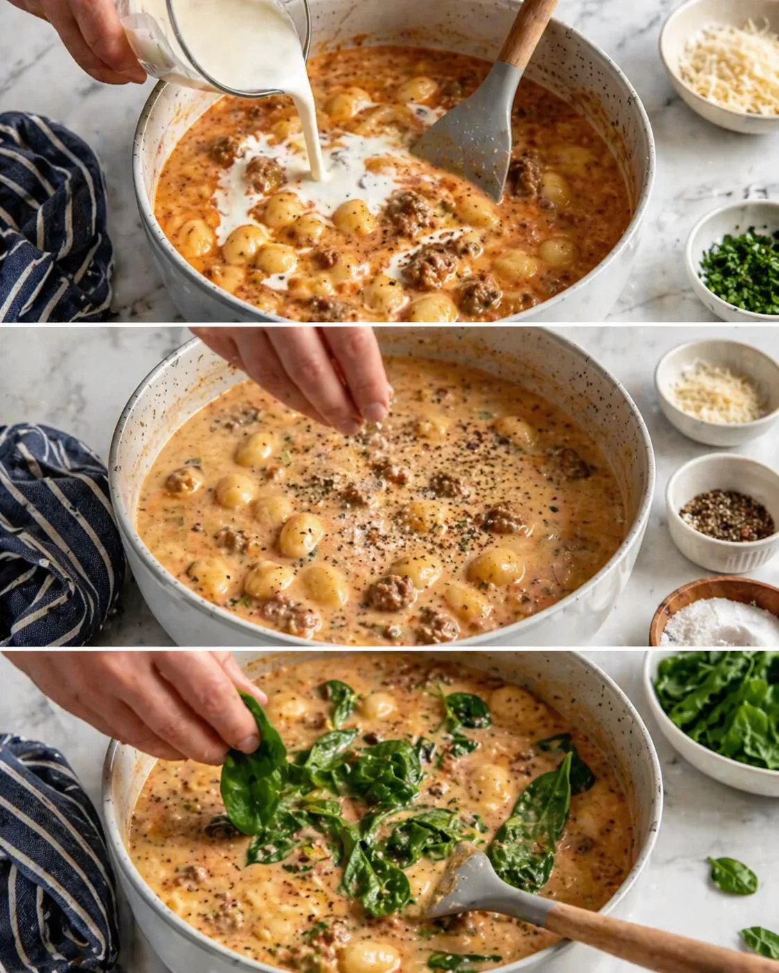 three-panel collage showing creamy gnocchi sauce being prepared with milk poured, seasoning, and spinach added