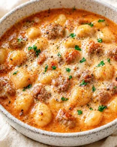 Creamy tomato sauce coats plump gnocchi in a speckled skillet, garnished with parsley.