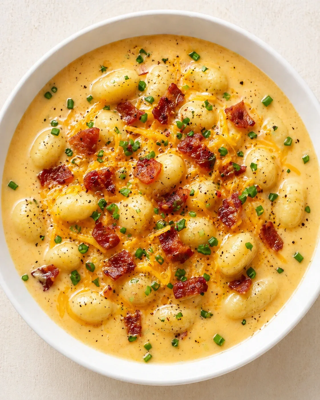 Plump gnocchi in a creamy cheddar sauce, topped with crispy bacon and chopped chives.