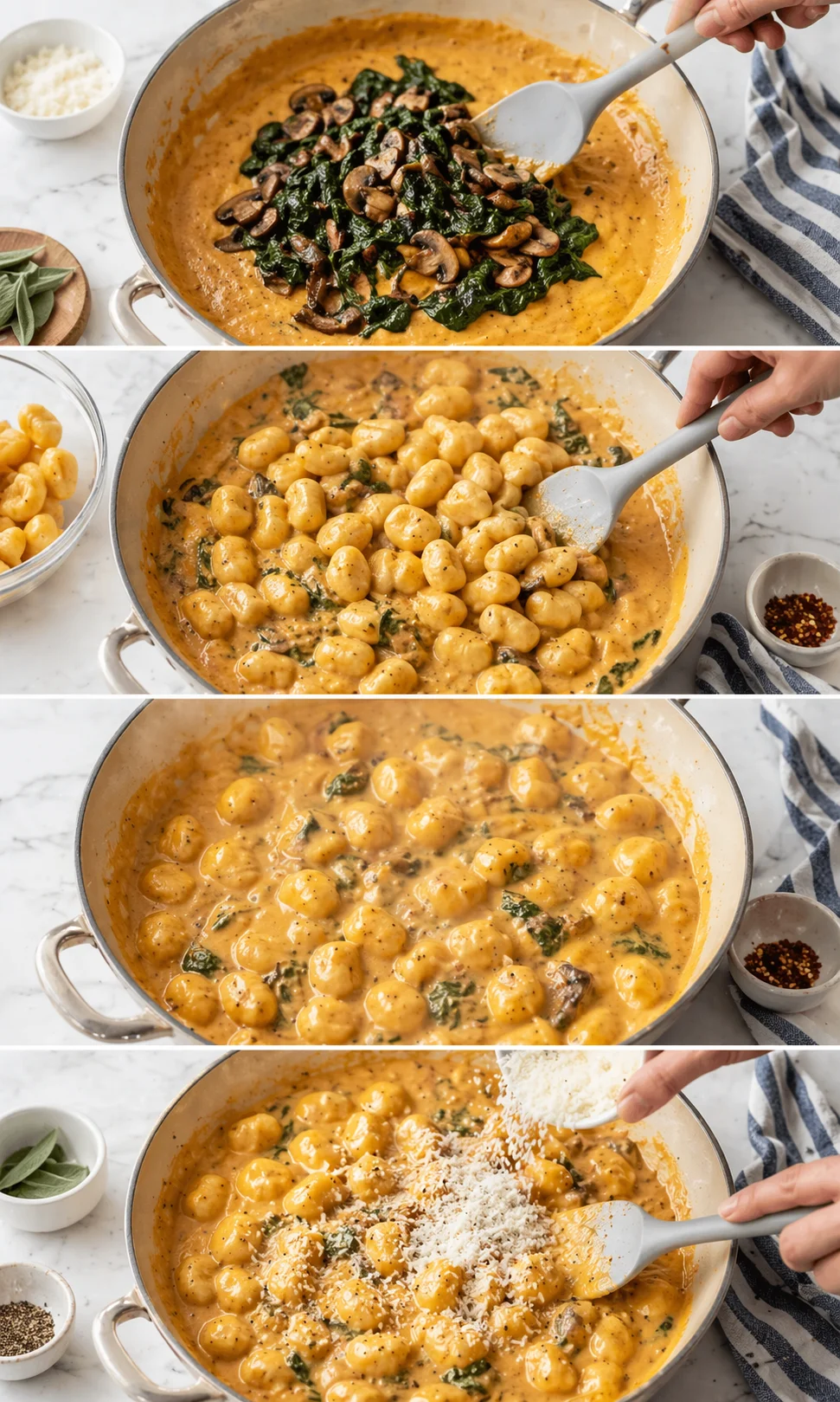 collage of creamy gnocchi dish in a skillet with spinach and mushrooms during cooking