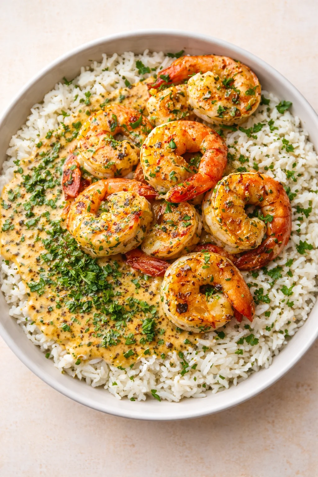 White bowl filled with fluffy rice topped with shrimp in a creamy herb sauce and chopped parsley.
