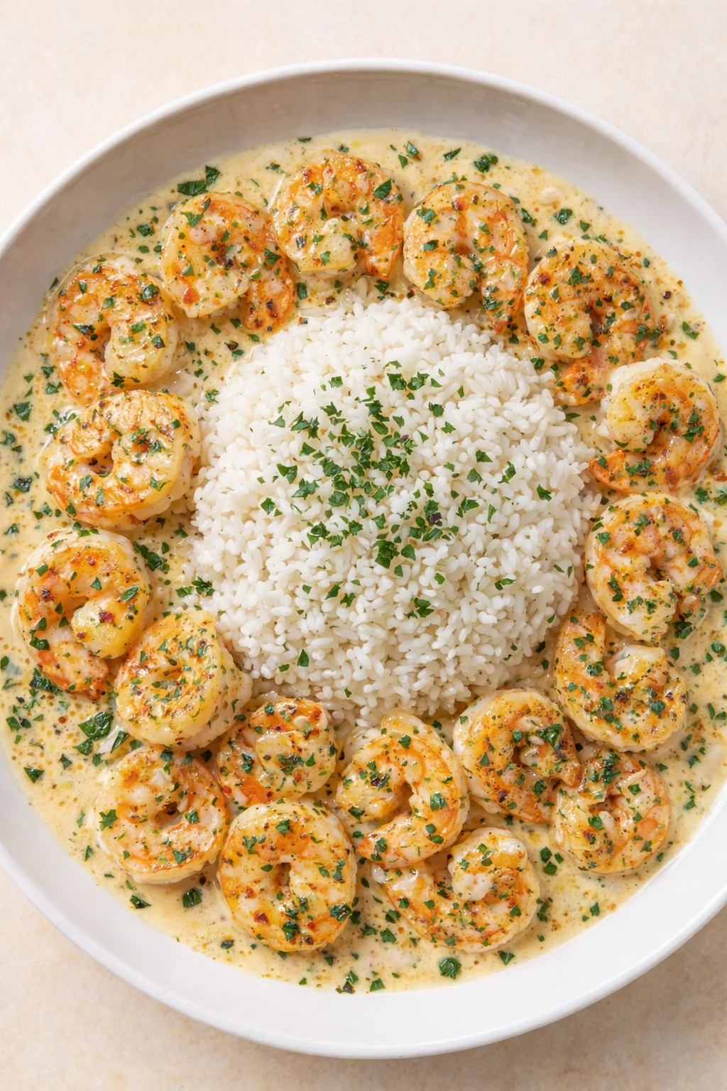 top-down view of shrimp around a central rice mound in pale yellow creamy herb sauce
