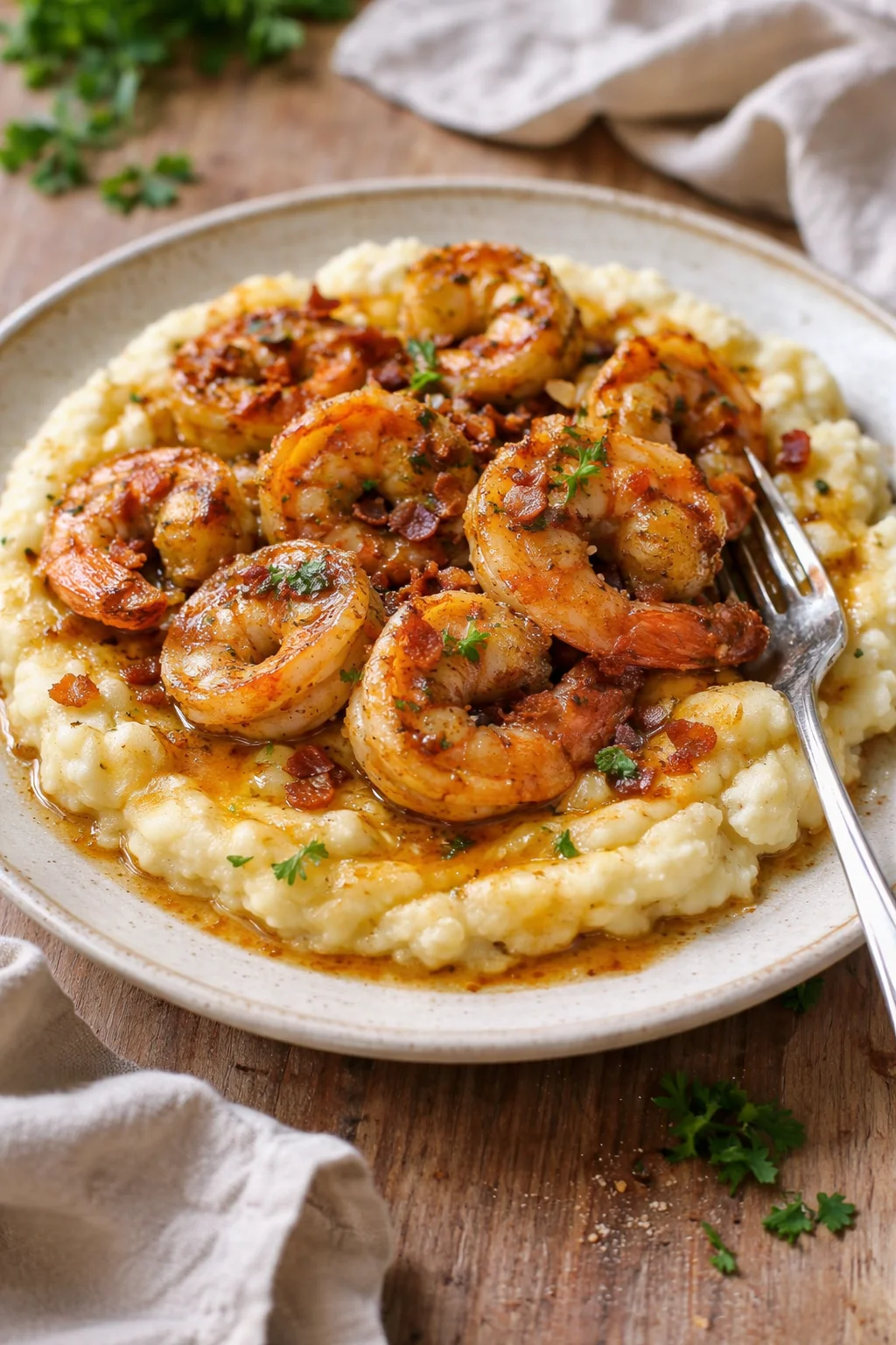Shrimp resting on a bed of creamy mashed potatoes, topped with crispy bacon bits and parsley.