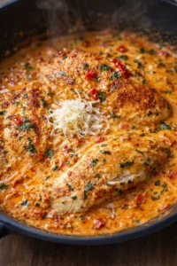 Golden-brown chicken in creamy tomato sauce topped with shredded cheese in a dark skillet.
