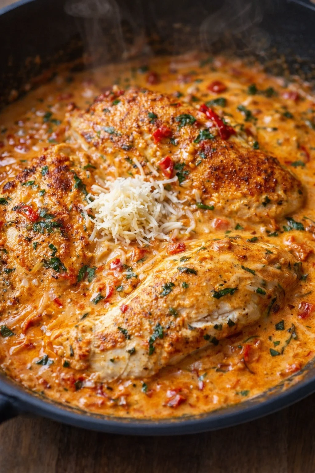 Golden-brown chicken in creamy tomato sauce topped with shredded cheese in a dark skillet.