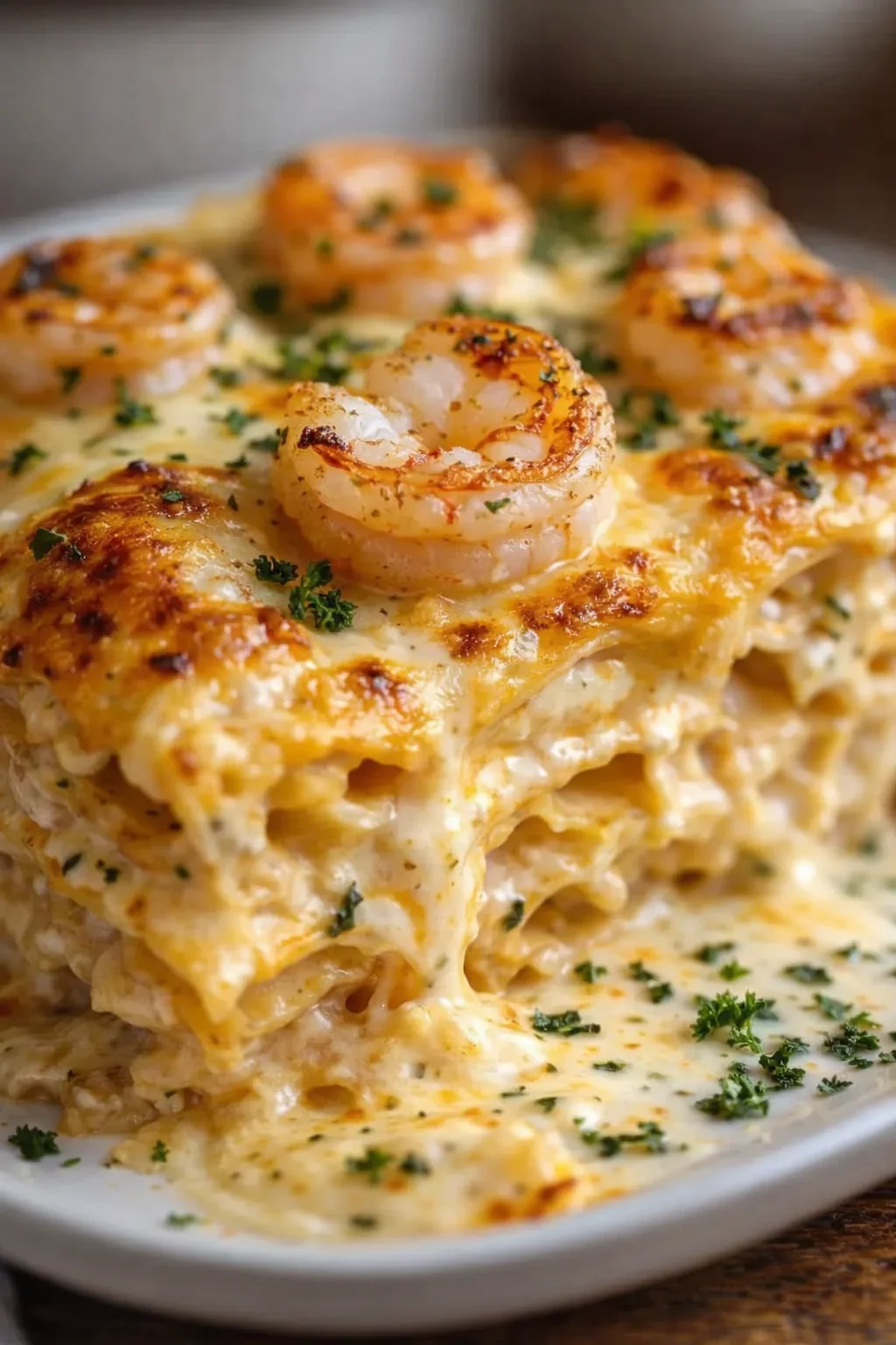 Close-up of a creamy shrimp lasagna bake with browned cheese and parsley on a white plate