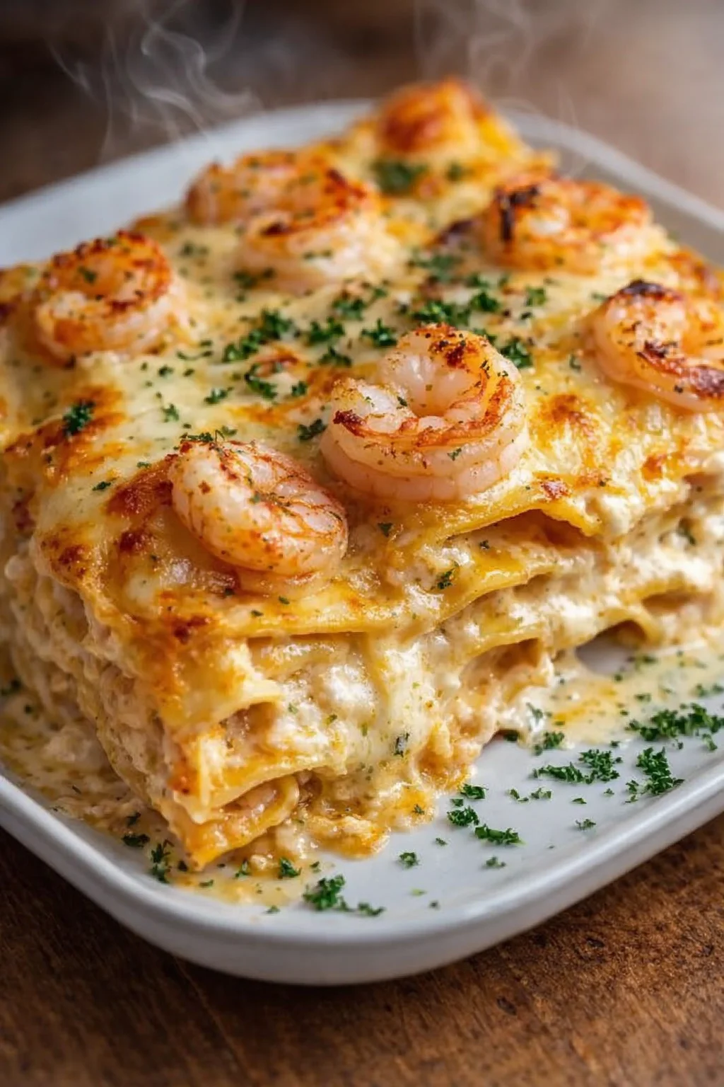 steaming, cheesy shrimp lasagna on a white plate, garnished with parsley.