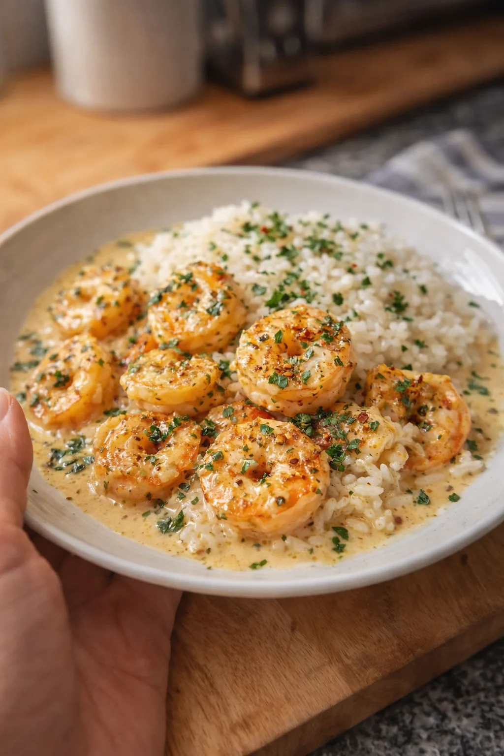 Shrimp in creamy sauce served over white rice with parsley garnish in a shallow bowl.
