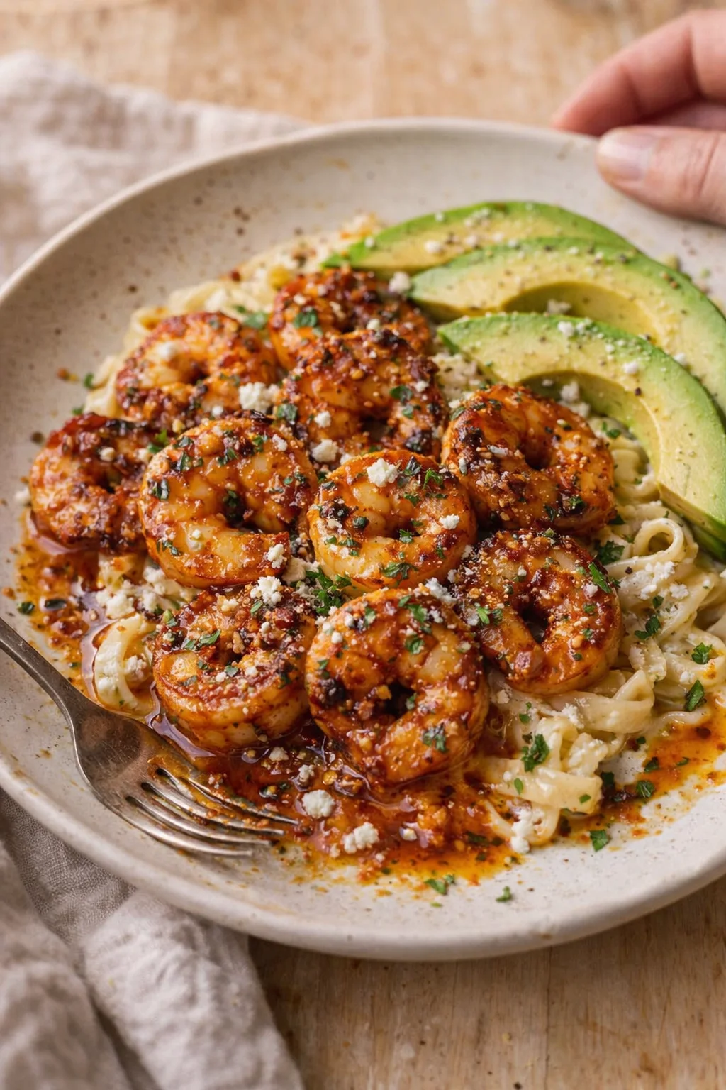 creamy pasta with glazed shrimp and avocado slices in a speckled bowl