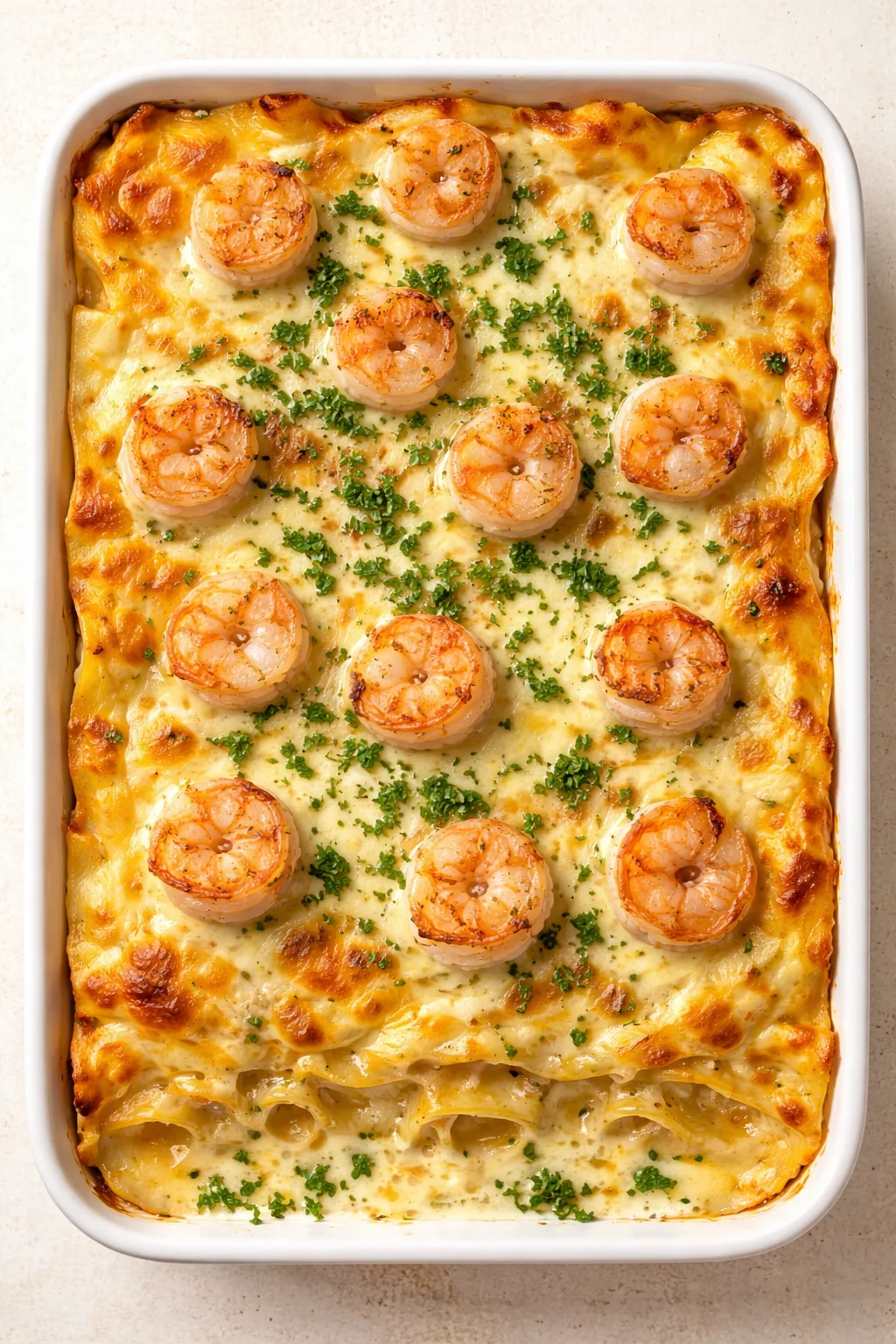 creamy baked shrimp pasta casserole topped with parsley in a white baking dish.