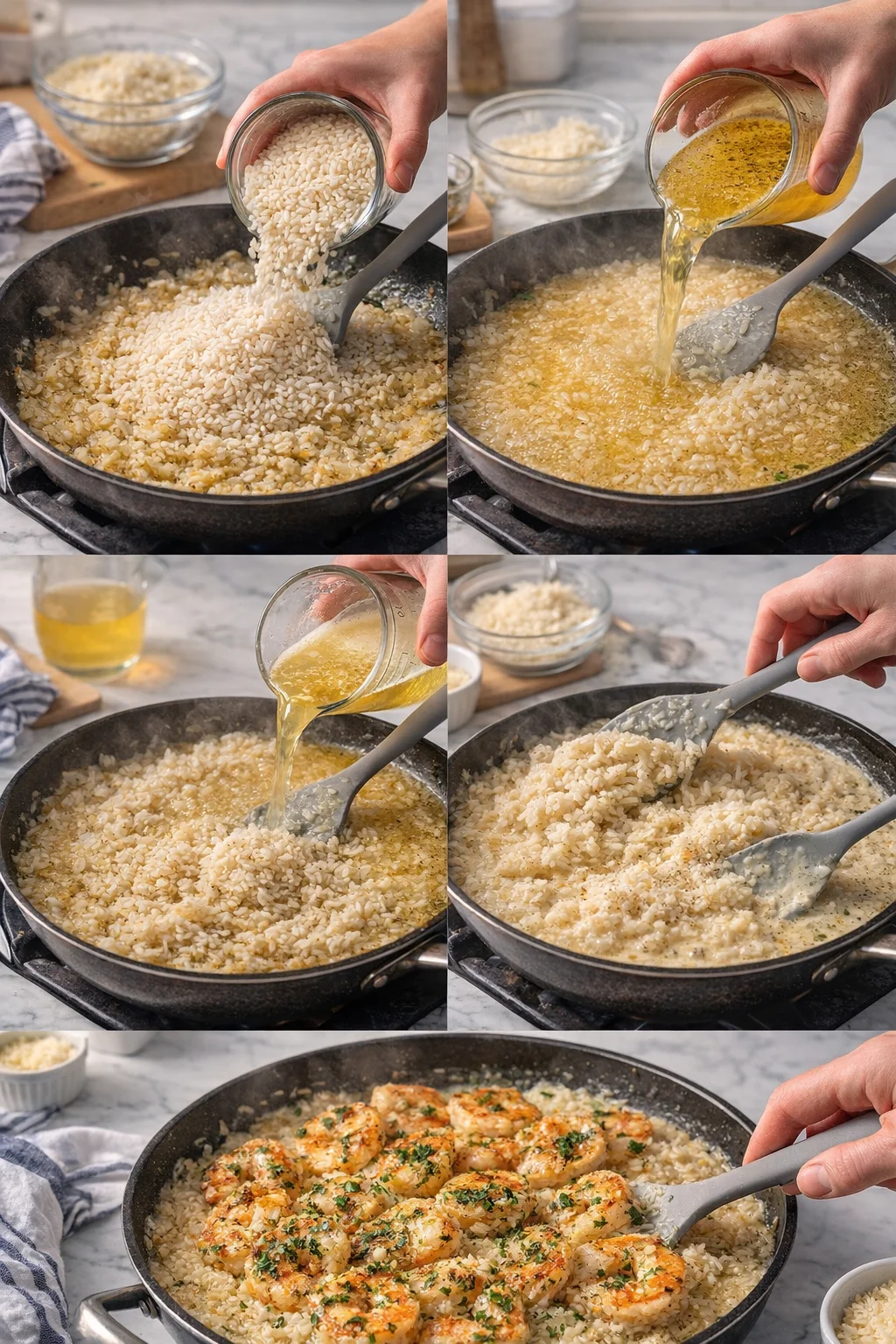 collage showing a shrimp-and-rice skillet being cooked from adding rice to topping with shrimp