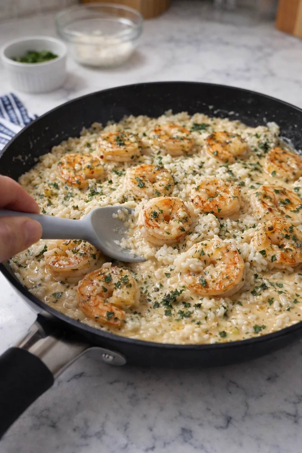 Creamy shrimp risotto with seared shrimp in a skillet, garnished with parsley.