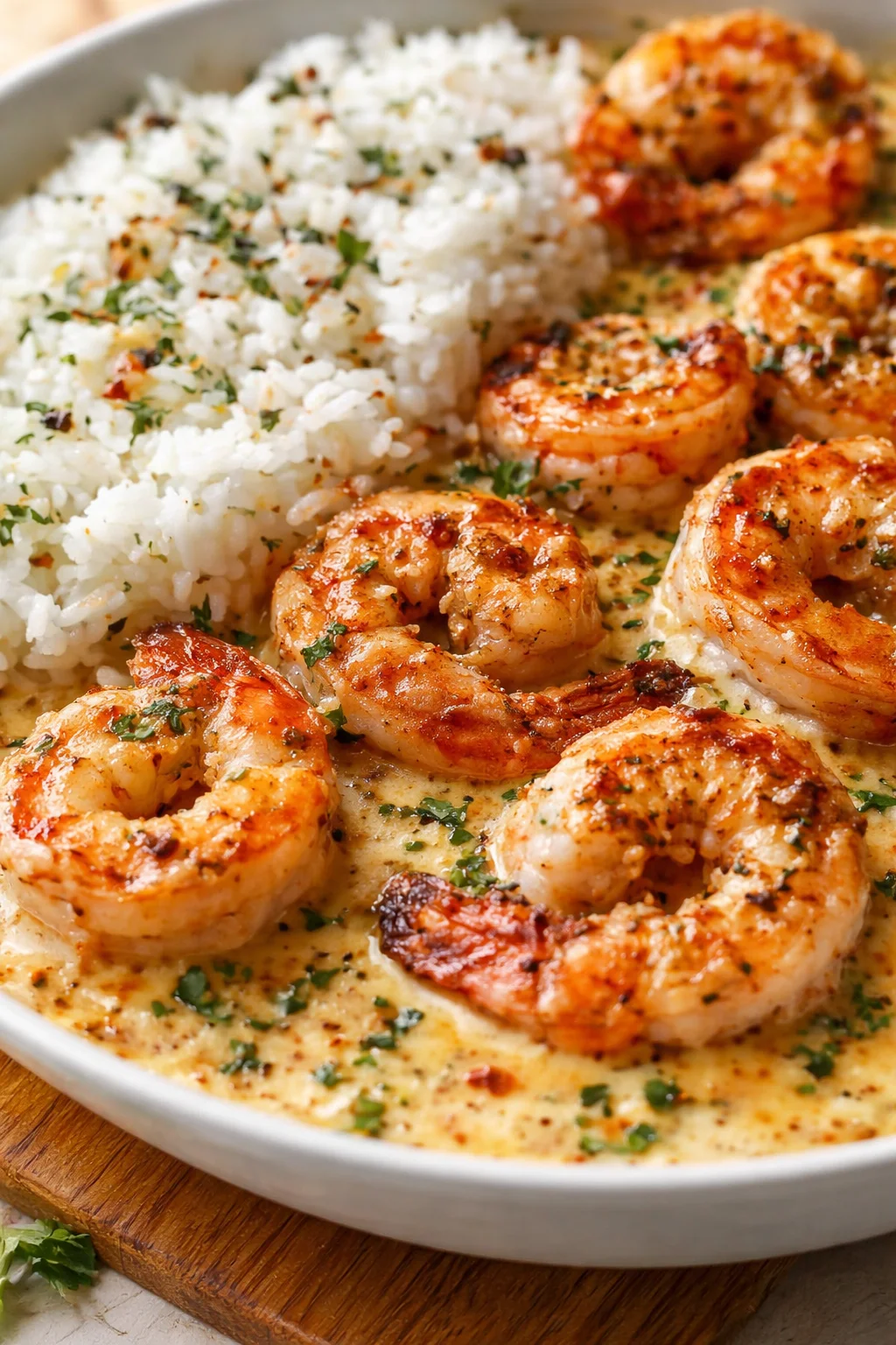 Juicy shrimp in a creamy garlic sauce sits beside fluffy white rice in a shallow white pan.