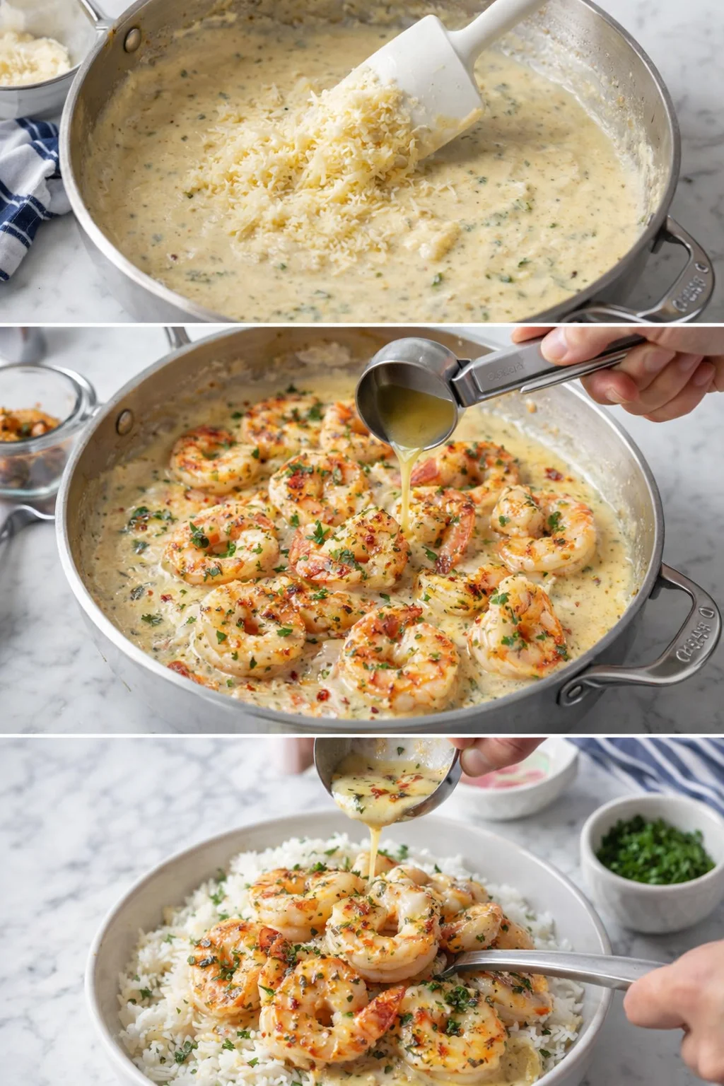 collage of steps showing shrimp in creamy herb sauce, finishing over rice