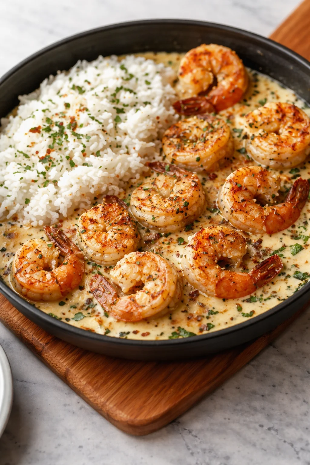 Skillet with creamy garlic butter shrimp and fluffy white rice, garnished with parsley.