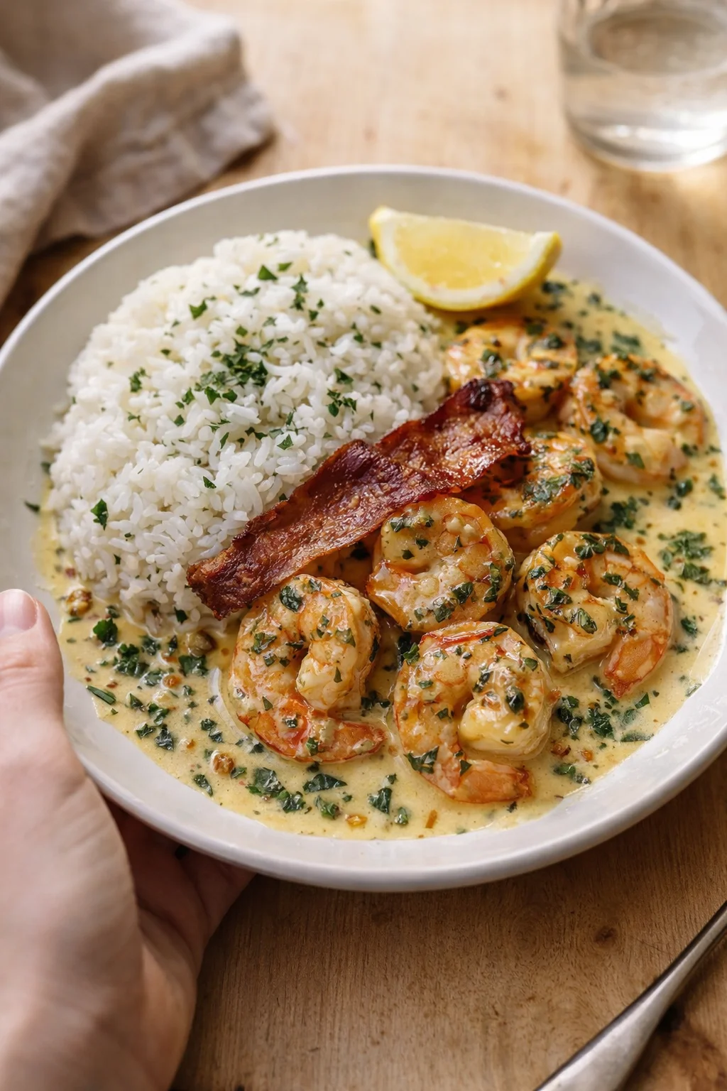 Plate with white rice, creamy shrimp-herb sauce, lemon wedge, and a crispy bacon strip