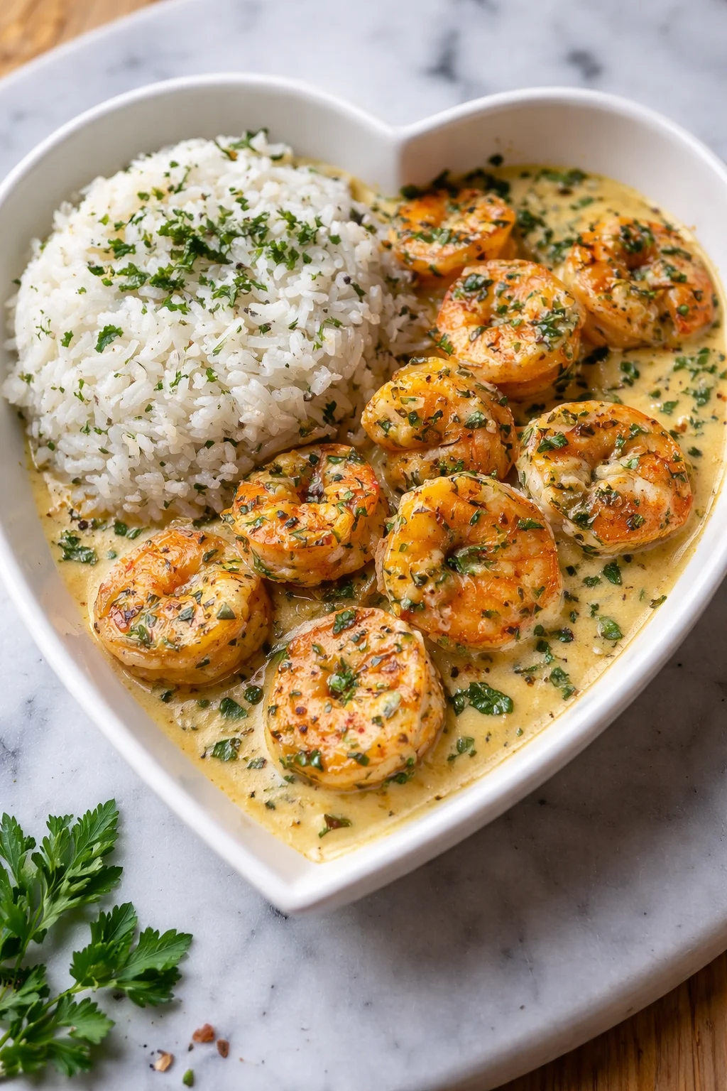 Plump shrimp in creamy herb sauce served with a mound of white rice in a heart-shaped dish