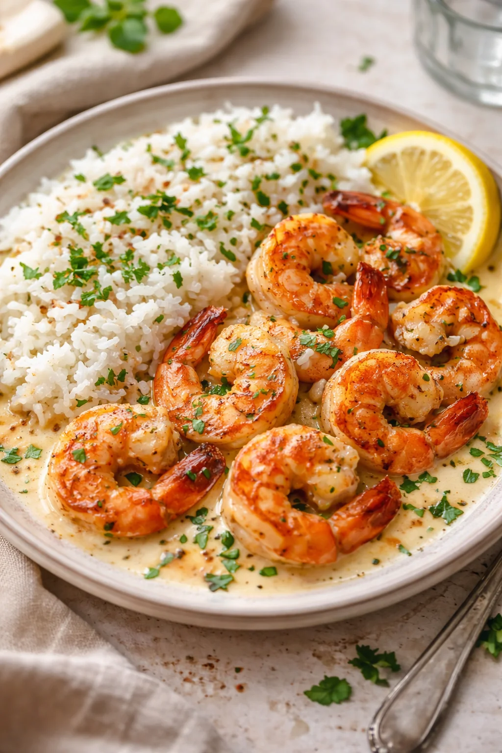 Plated dish featuring shrimp in creamy sauce with rice, lemon slice, and chopped parsley.