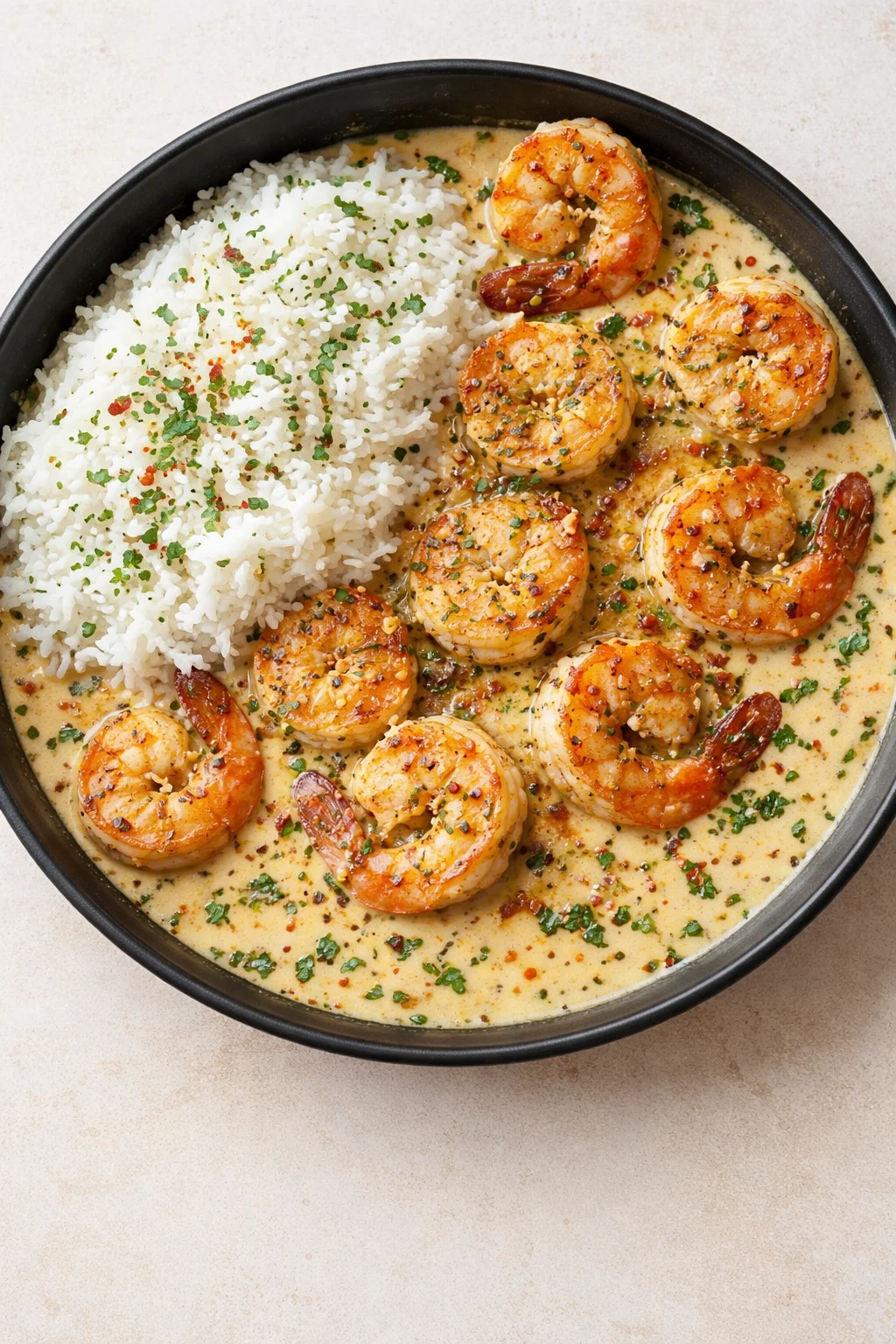 Shrimp in creamy garlic sauce with white rice in a black bowl.