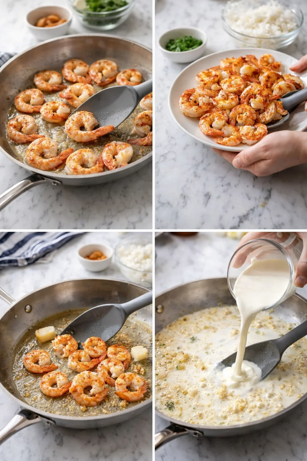 Collage of shrimp cooking in skillet, plated, and cream being added