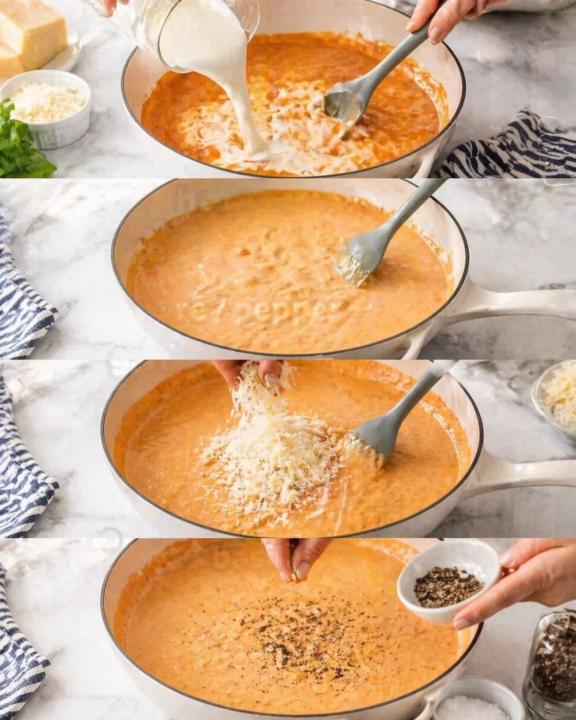 Series of kitchen shots showing a creamy tomato sauce being prepared with cream, cheese, and seasonings.