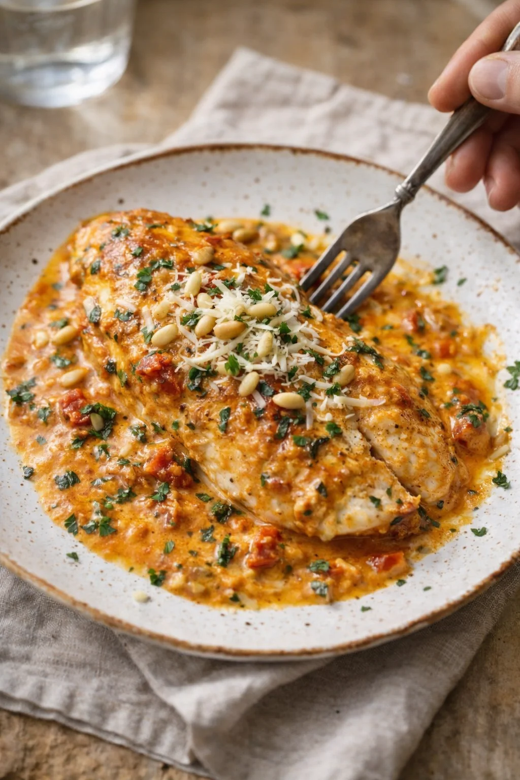 Chicken breast in creamy tomato sauce topped with pine nuts, cheese, and parsley.
