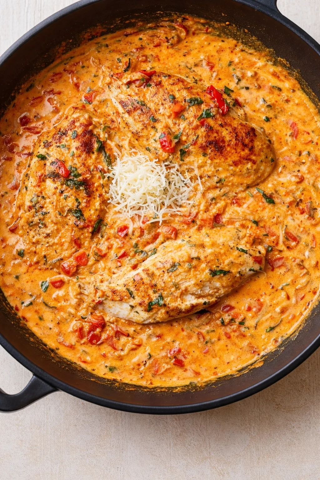Chicken in creamy tomato sauce with peppers and shredded cheese in a skillet