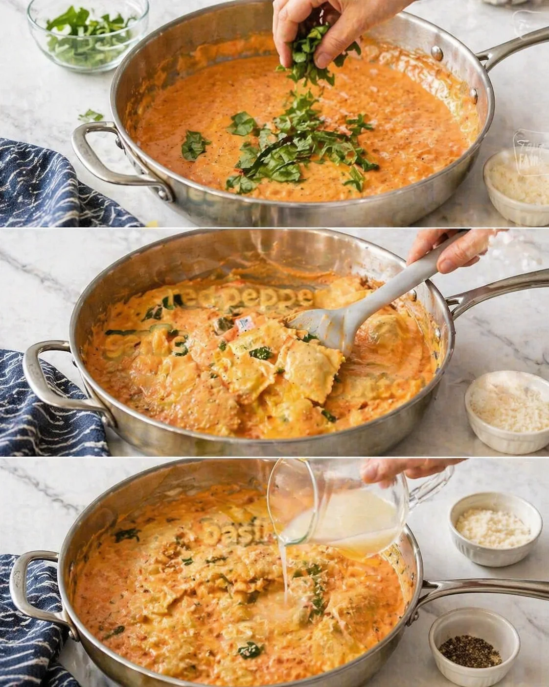 Three-panel collage of a stainless-steel skillet with creamy orange sauce, ravioli, and parsley being added.