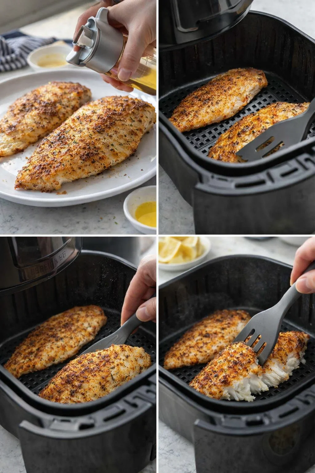 Collage of crispy seasoned chicken fillets being prepared in an air fryer, with plate, oil spray, and tongs.