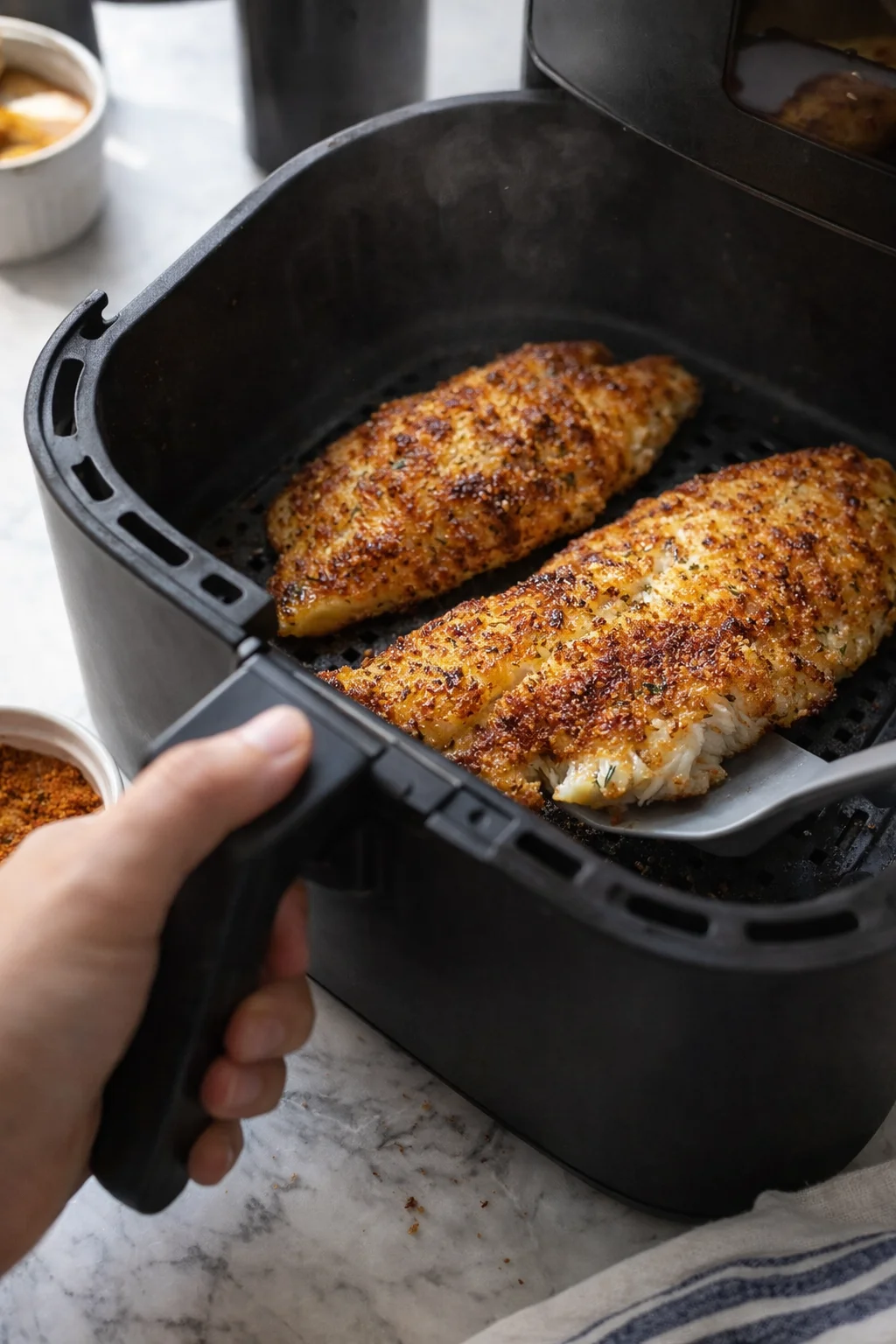 Two golden-brown, seasoned chicken fillets inside an open air fryer; a hand pulls the tray outward.