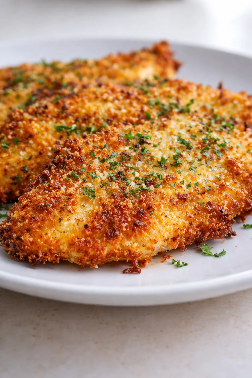 Golden-crusted chicken cutlets on a gray plate, sprinkled with chopped parsley.