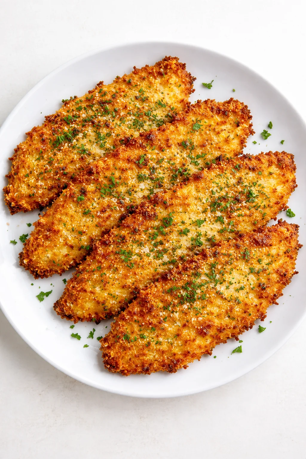 Golden-brown breaded chicken tenders on a white plate, sprinkled with chopped parsley.