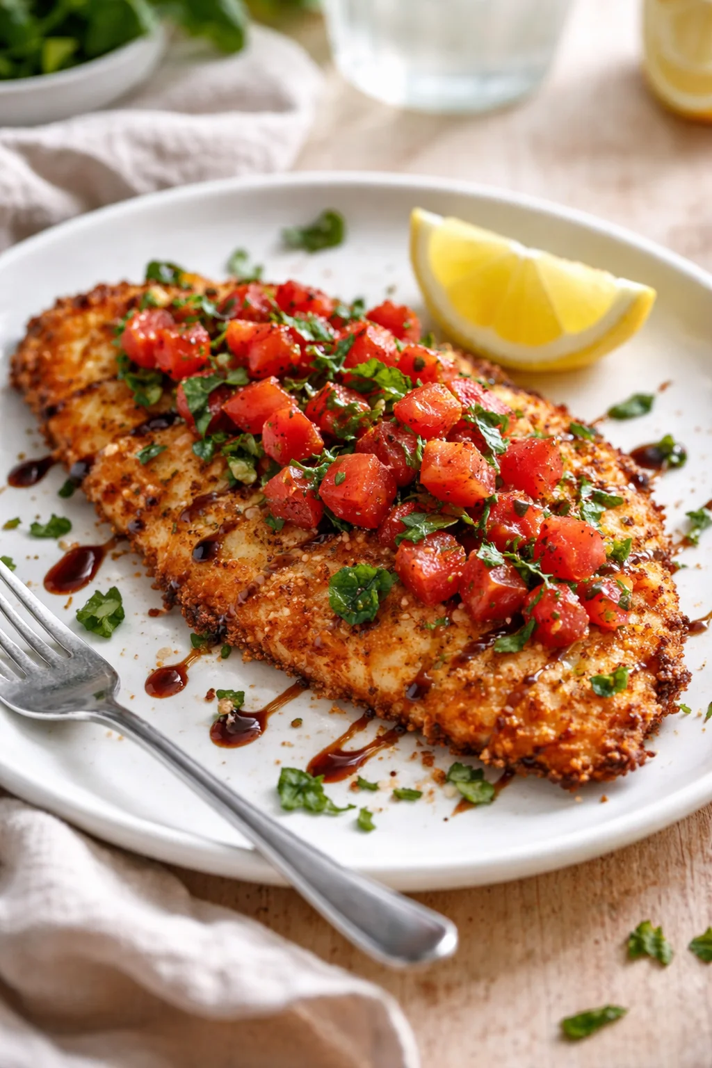 two crispy breaded chicken fillets topped with tomato salsa and cilantro, lemon wedge on the side