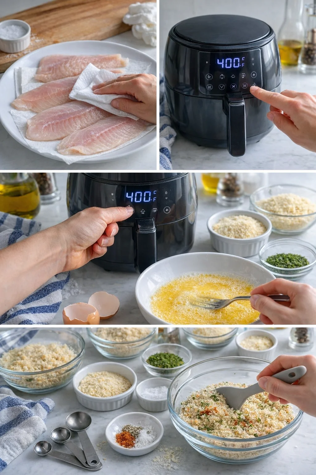 collage showing fish fillets on a plate, air fryer, whisked eggs, and bowls of breadcrumbs and seasonings
