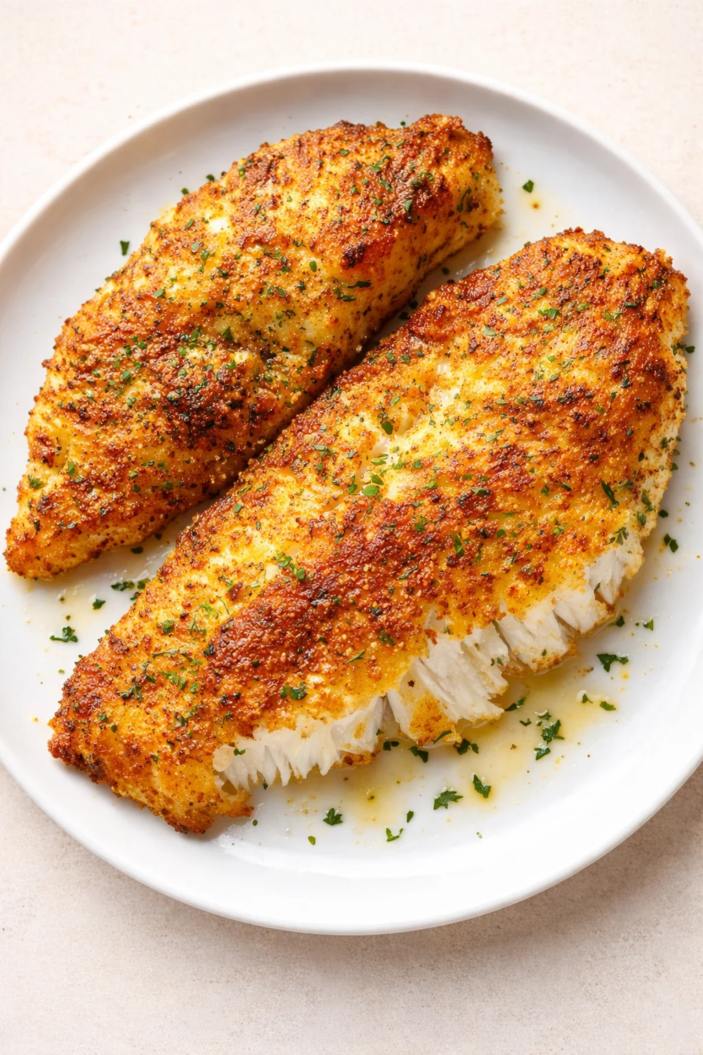 Two crispy breadcrumb-crusted fish fillets on a white plate, garnished with parsley.