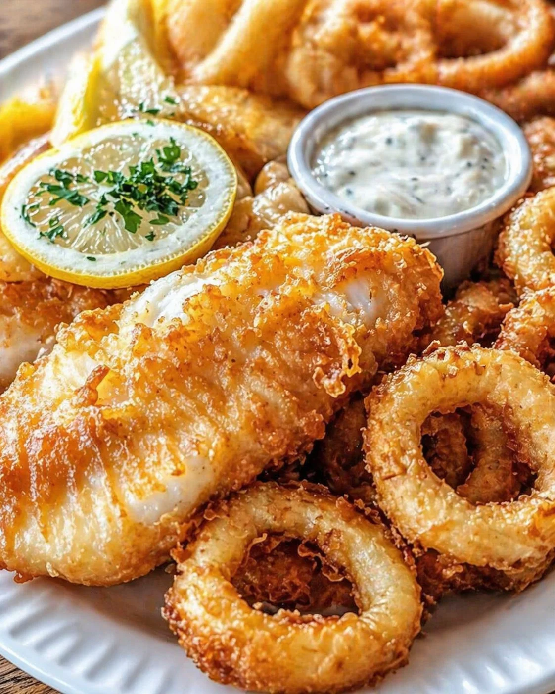 Plate of golden fried calamari rings with lemon wedges and dipping sauce.
