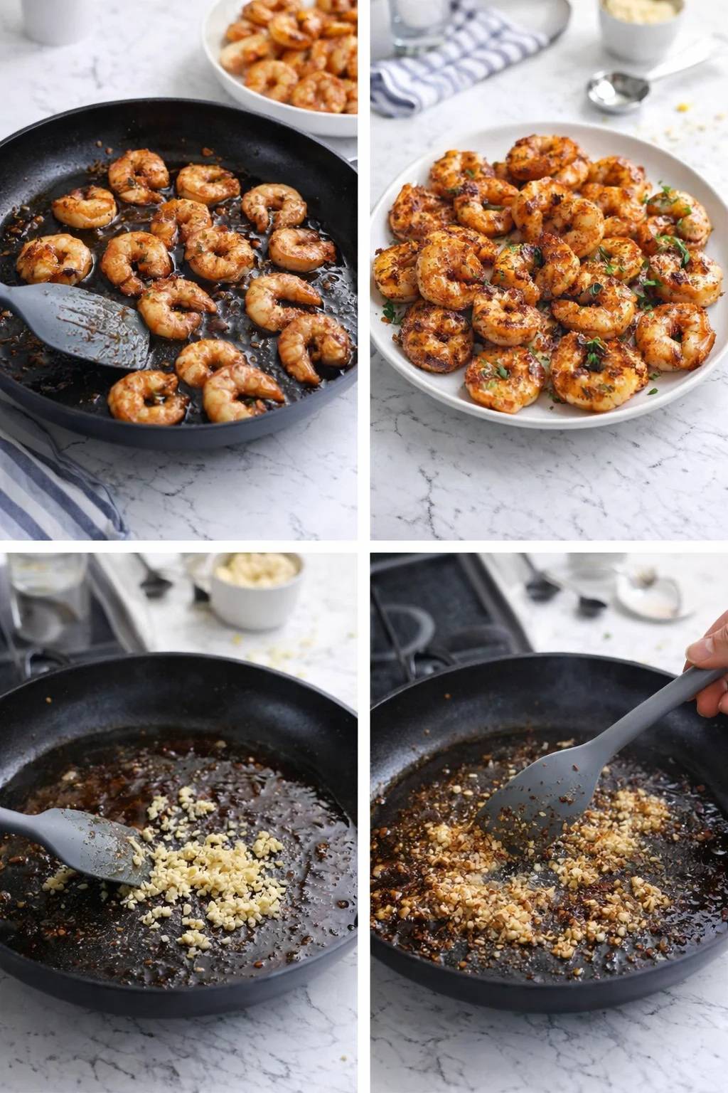 Four-panel collage showing shrimp sautéing in a skillet, plated crispy shrimp, and garlic being added.