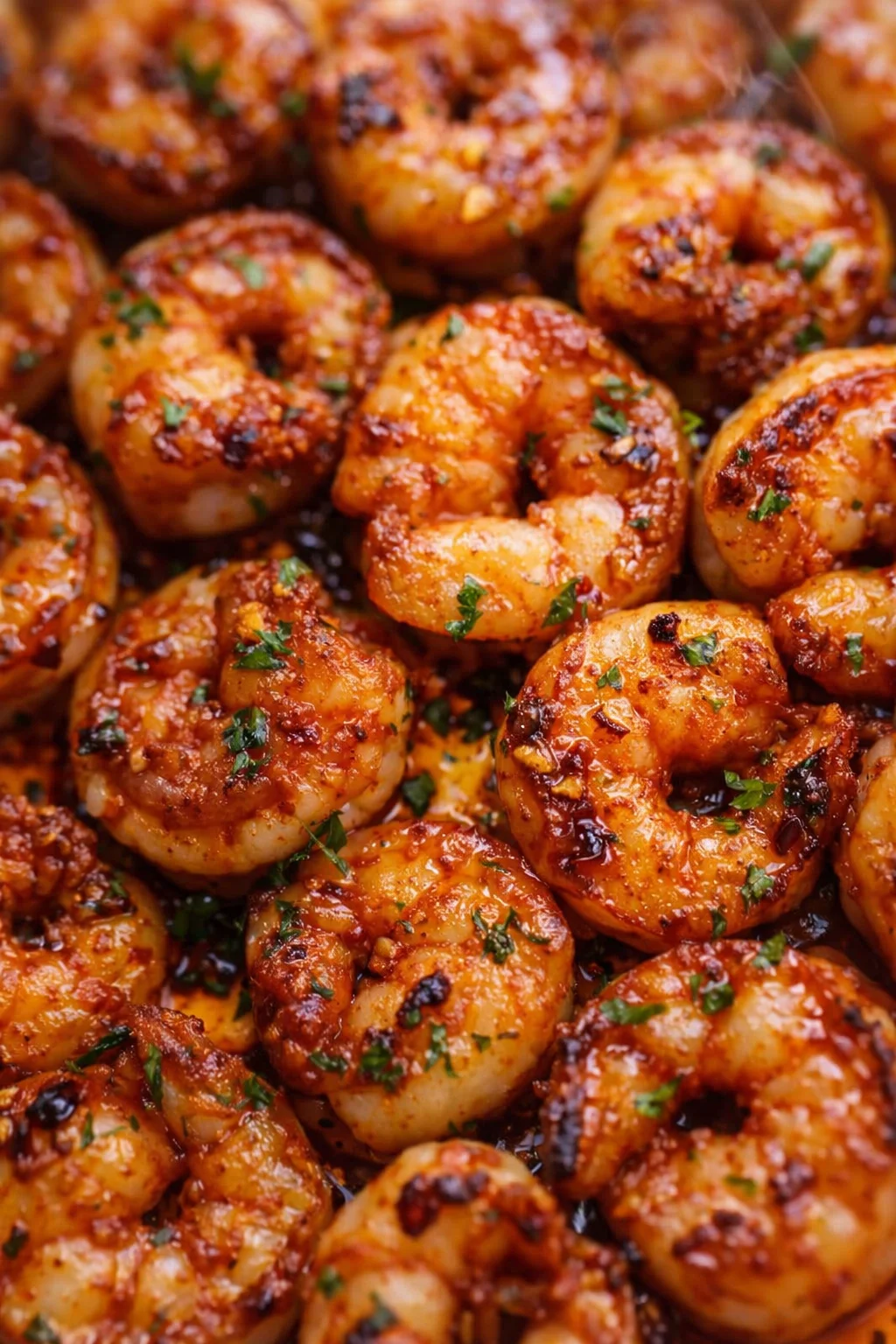 Close-up of bite-sized shrimp coated in glossy orange glaze with parsley garnish