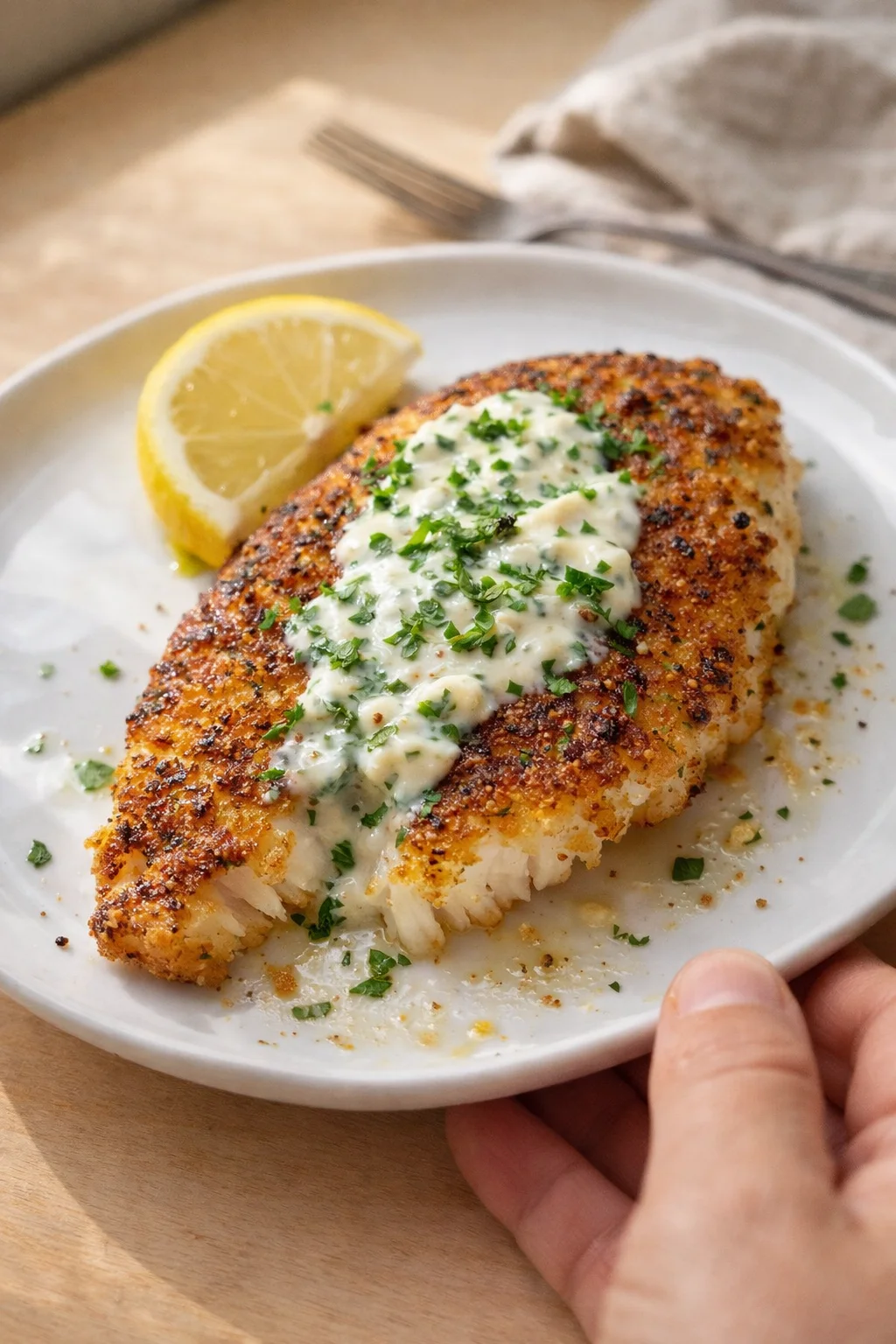 golden-brown crusted fish fillet topped with herb cream sauce on a white plate