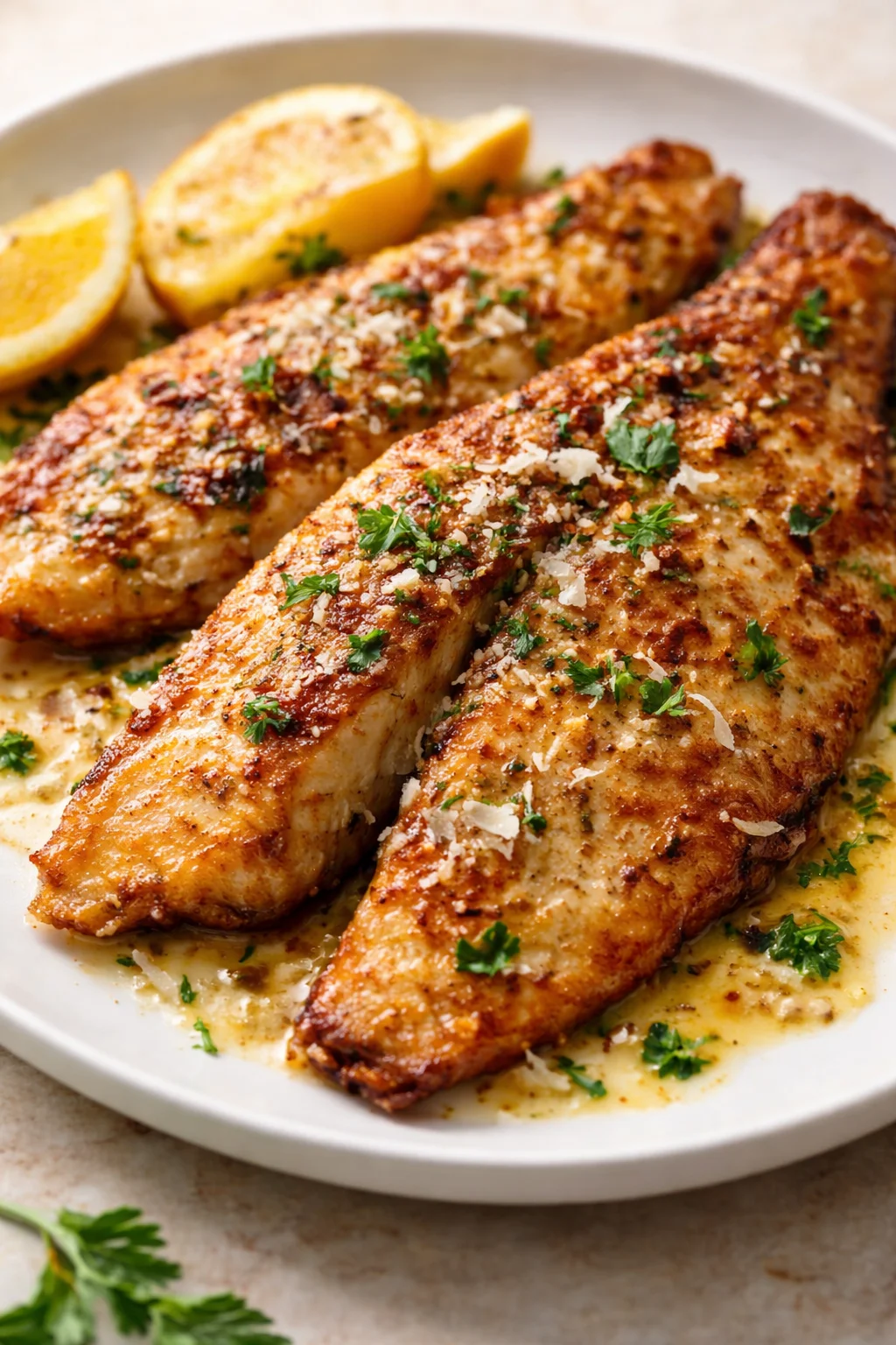 two crispy salmon fillets on a white plate with lemon wedges and parsley