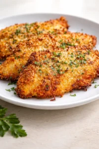 Golden-brown crispy breaded chicken cutlets on a white plate, lightly sprinkled with parsley.