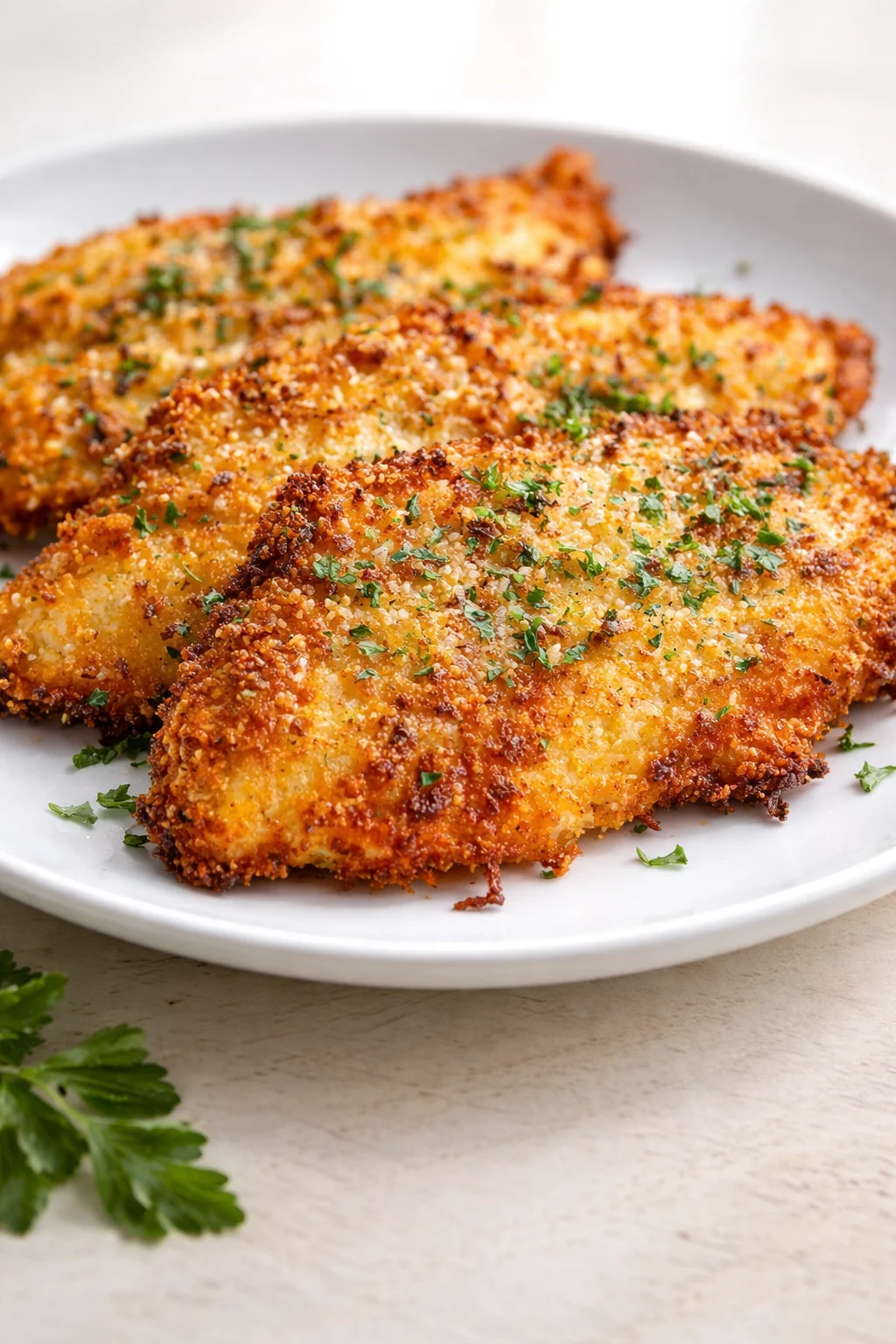 Golden-brown crispy breaded chicken cutlets on a white plate, lightly sprinkled with parsley.