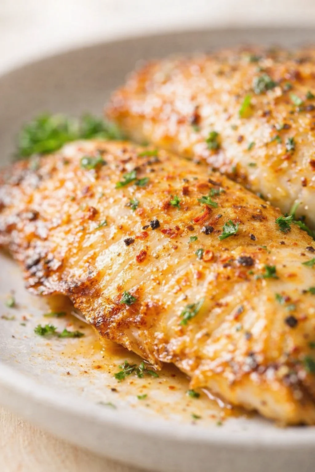 Golden-brown parmesan-crusted chicken cutlets on a plate with parsley garnish