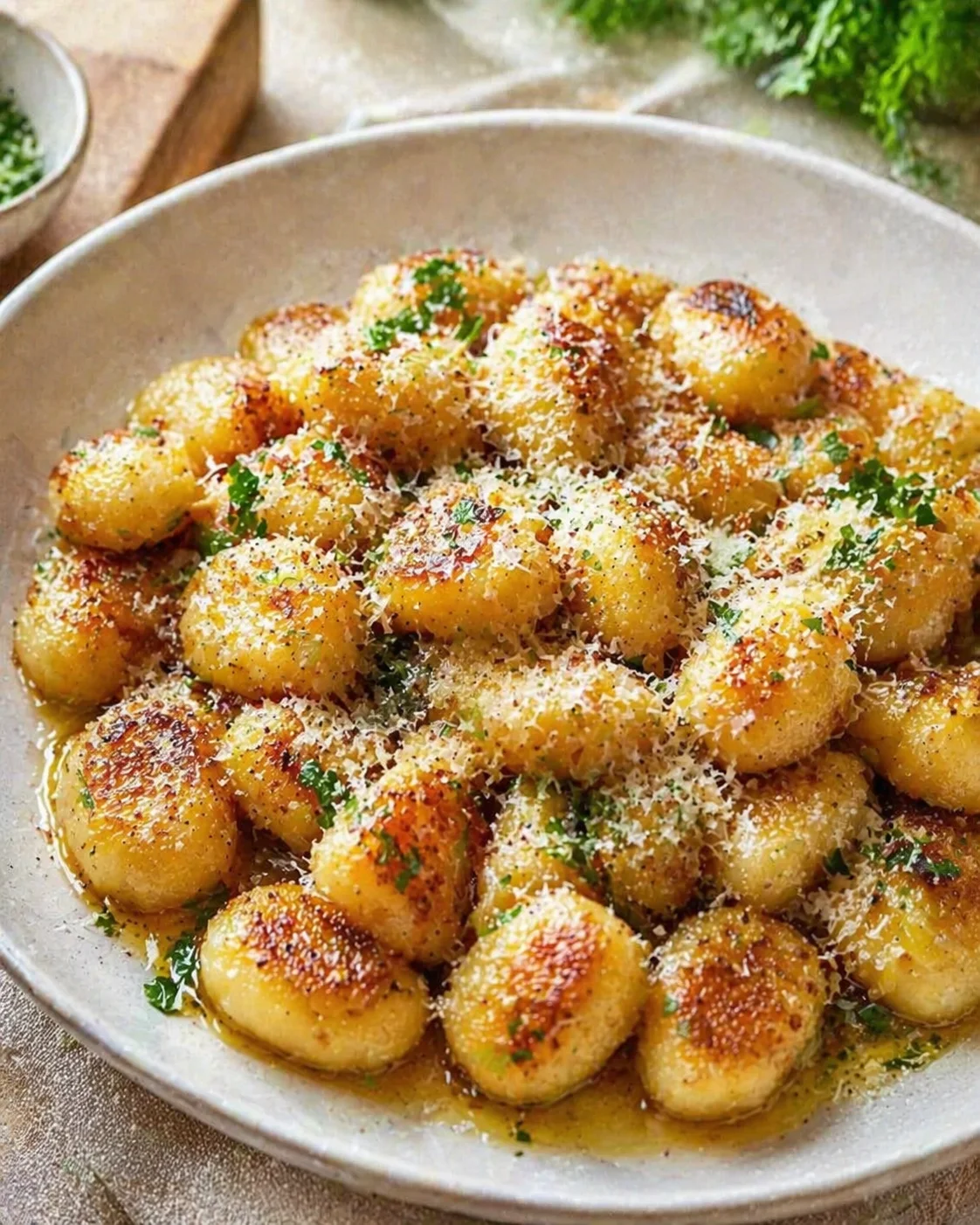 bowl of golden-brown crispy gnocchi topped with grated parmesan and parsley