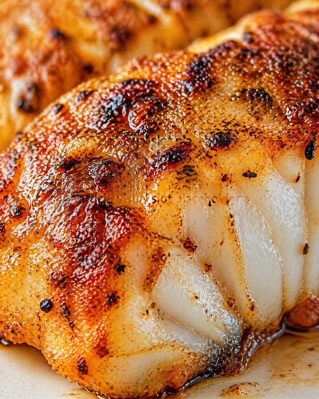 close-up of a crispy browned pork chop with crackling crust and juicy fat