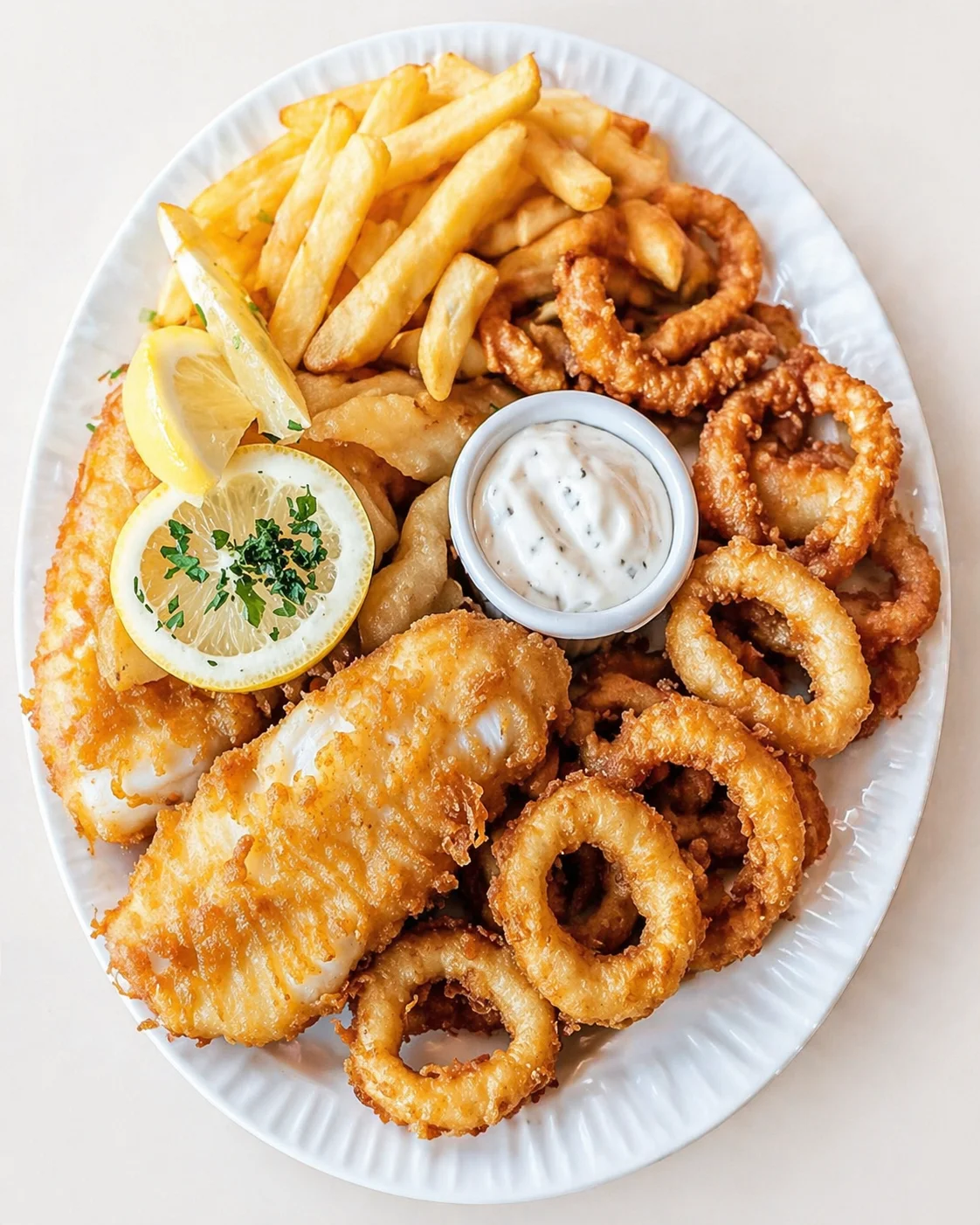 Golden fried fish, onion rings, and fries on a white plate with lemon wedges and tartar sauce.