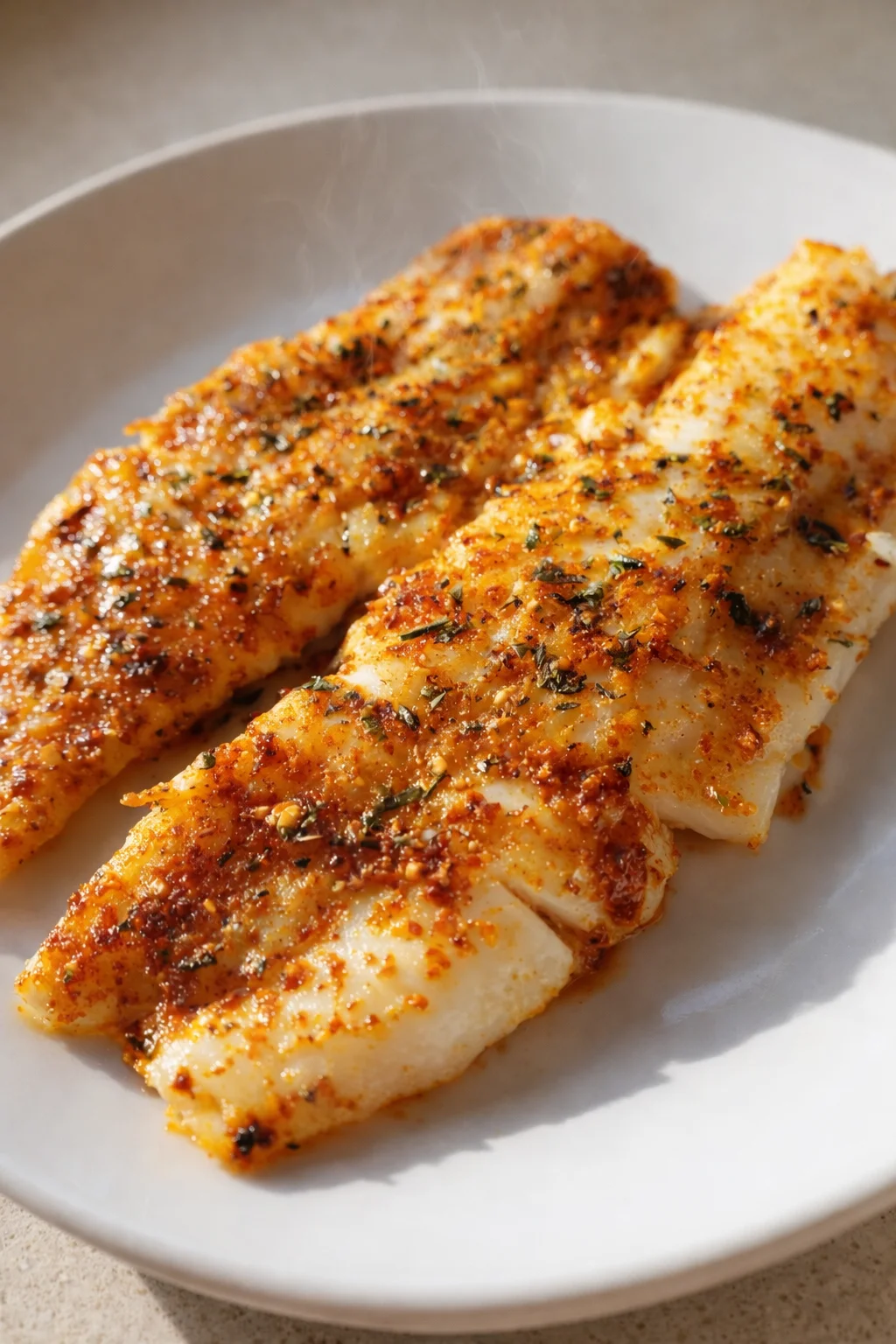 two golden-brown fish fillets with a herb-paprika crust on a white plate