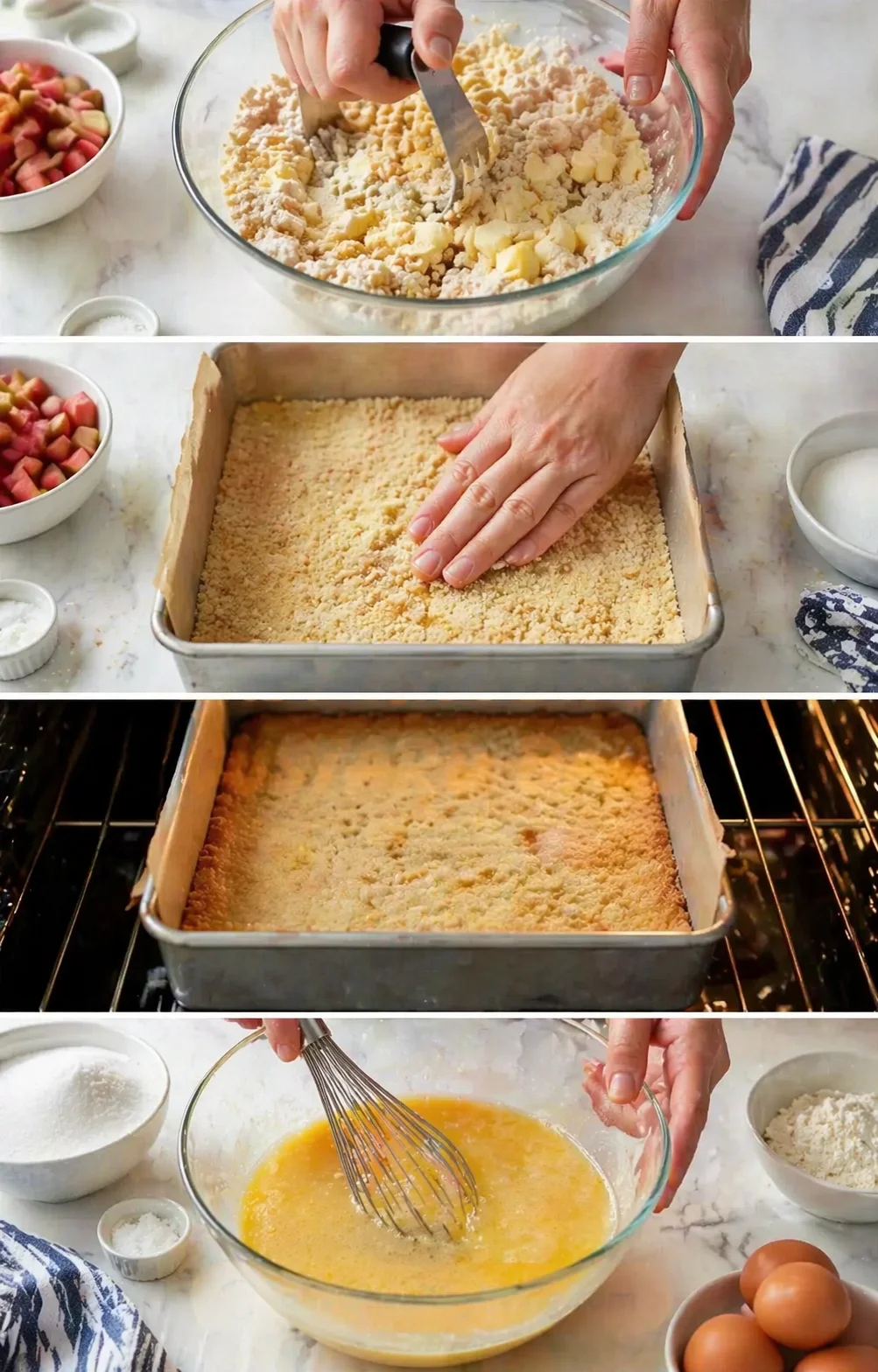 collage of steps: mixing crumb dough, pressing crust, baking, and whisking eggs
