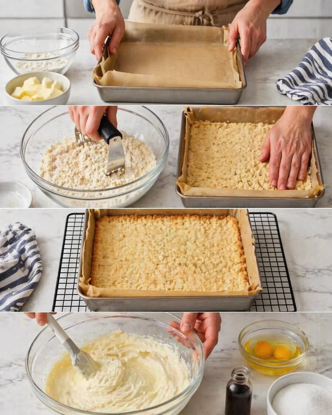 A multi-panel kitchen collage shows crust lining, crumbly mixture pressing into a parchment-lined pan, and batter mixing with eggs nearby.