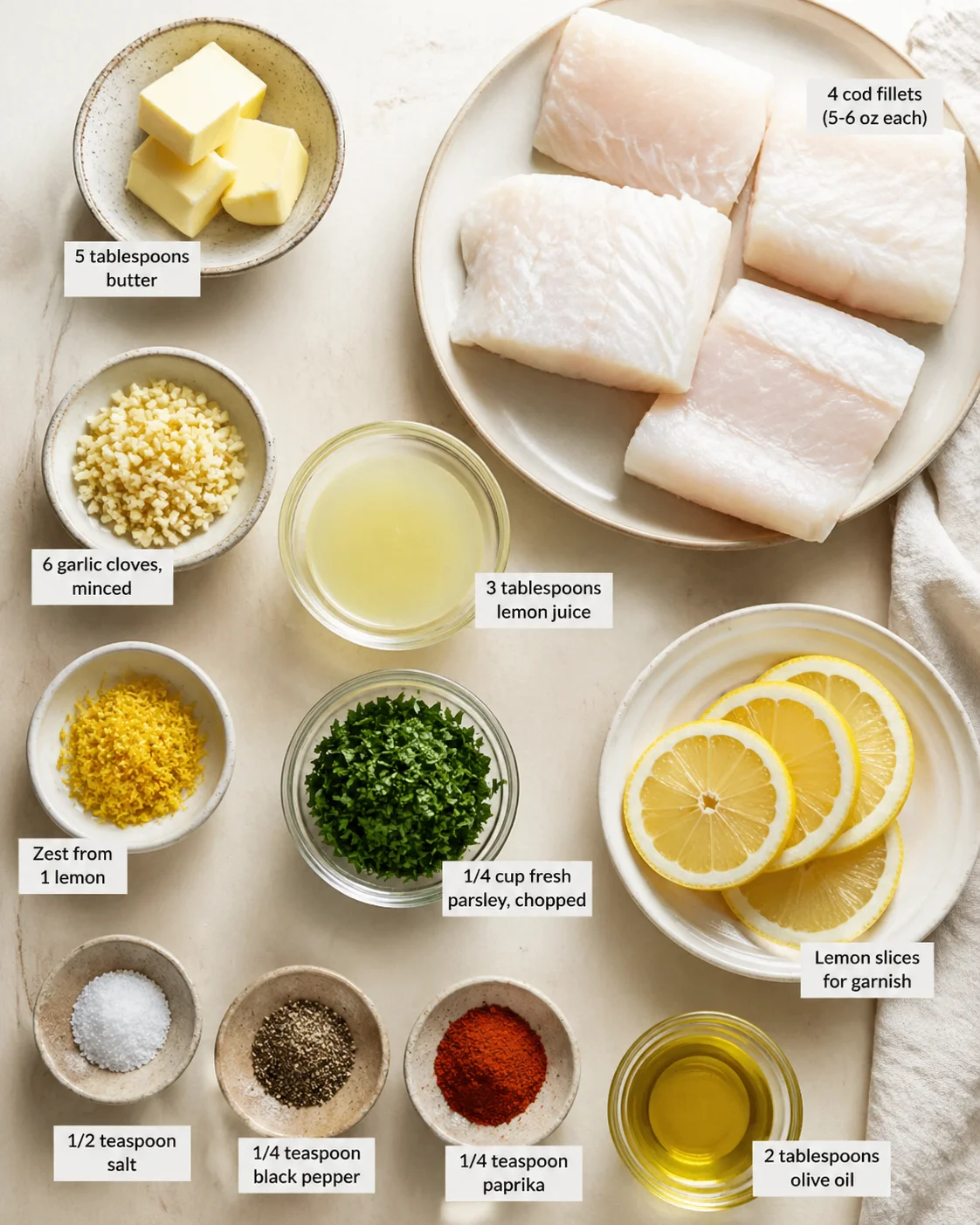 Measured ingredients arranged for Easy Garlic Butter Baked Cod Fillets: Restaurant-Quality Seafood at Home: 4 cod fillets (about 5-6 oz each, fresh or thawed), 5 tablespoons butter, 6 garlic cloves, finely minced, 3 tabl